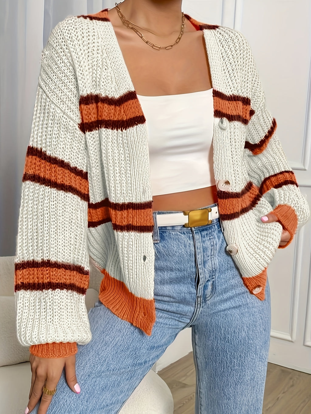 LUMMÉRAS Striped Button-Front Knit Cardigan