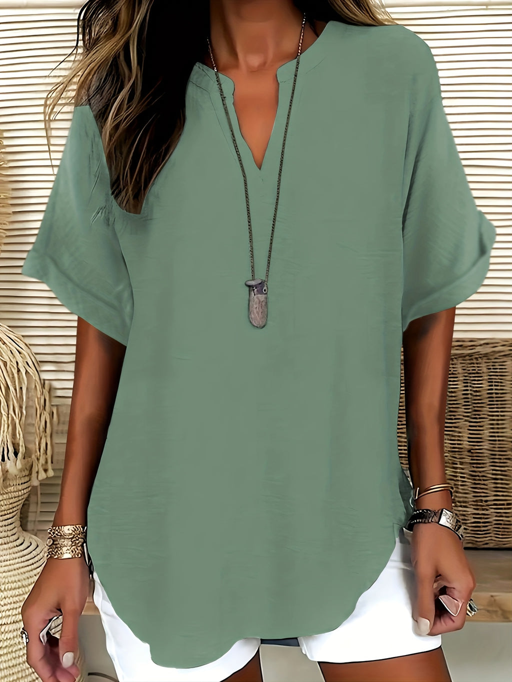 LUMMÉRAS Women's V-Neck Short Sleeve Shirt with Drop Shoulder.