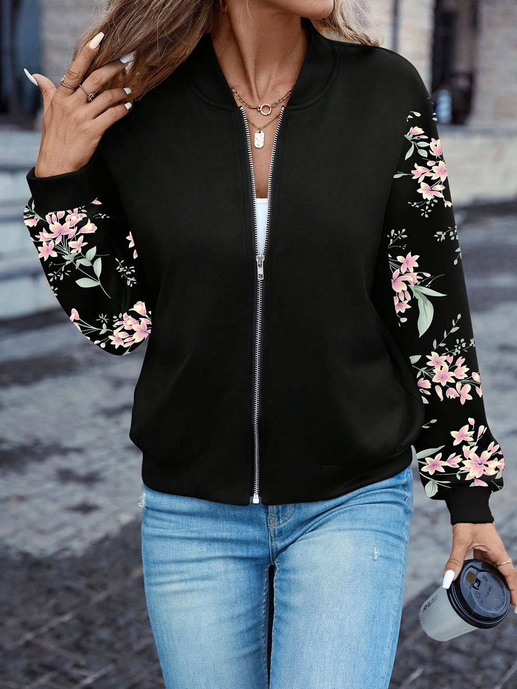 LUMMÉRAS Floral Zip-Up Jacket  – Elegant Long Sleeve Baseball Collar.