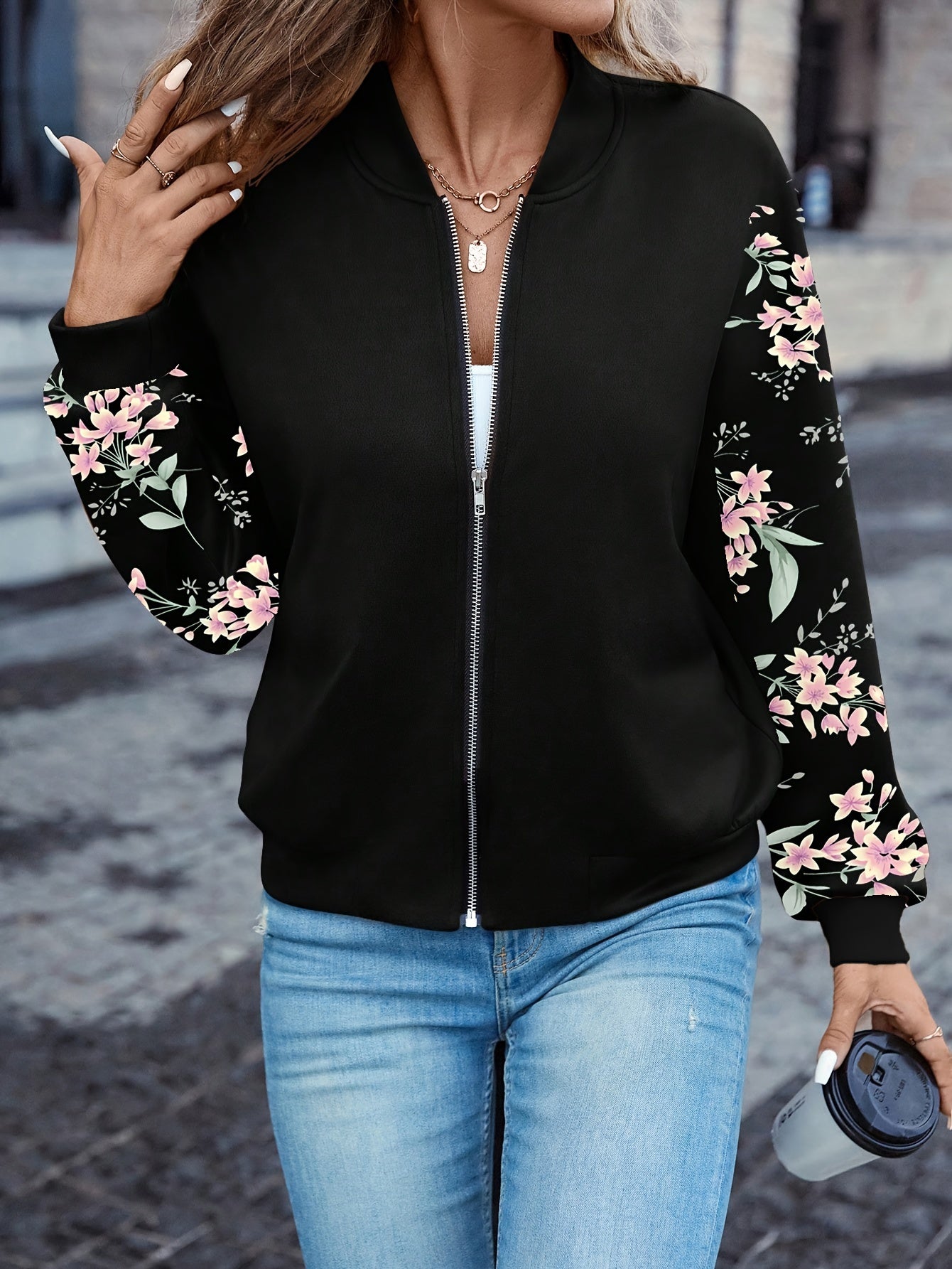 LUMMÉRAS Floral Zip-Up Jacket  – Elegant Long Sleeve Baseball Collar.