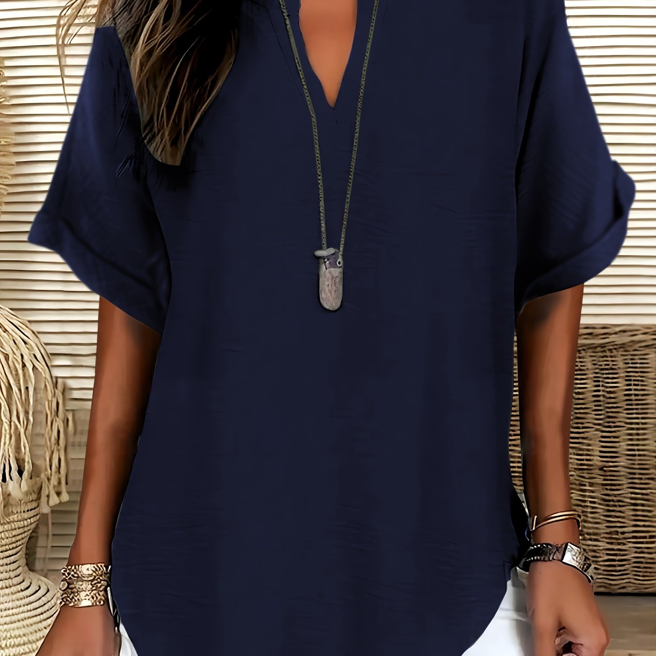 LUMMÉRAS Women's V-Neck Short Sleeve Shirt with Drop Shoulder.