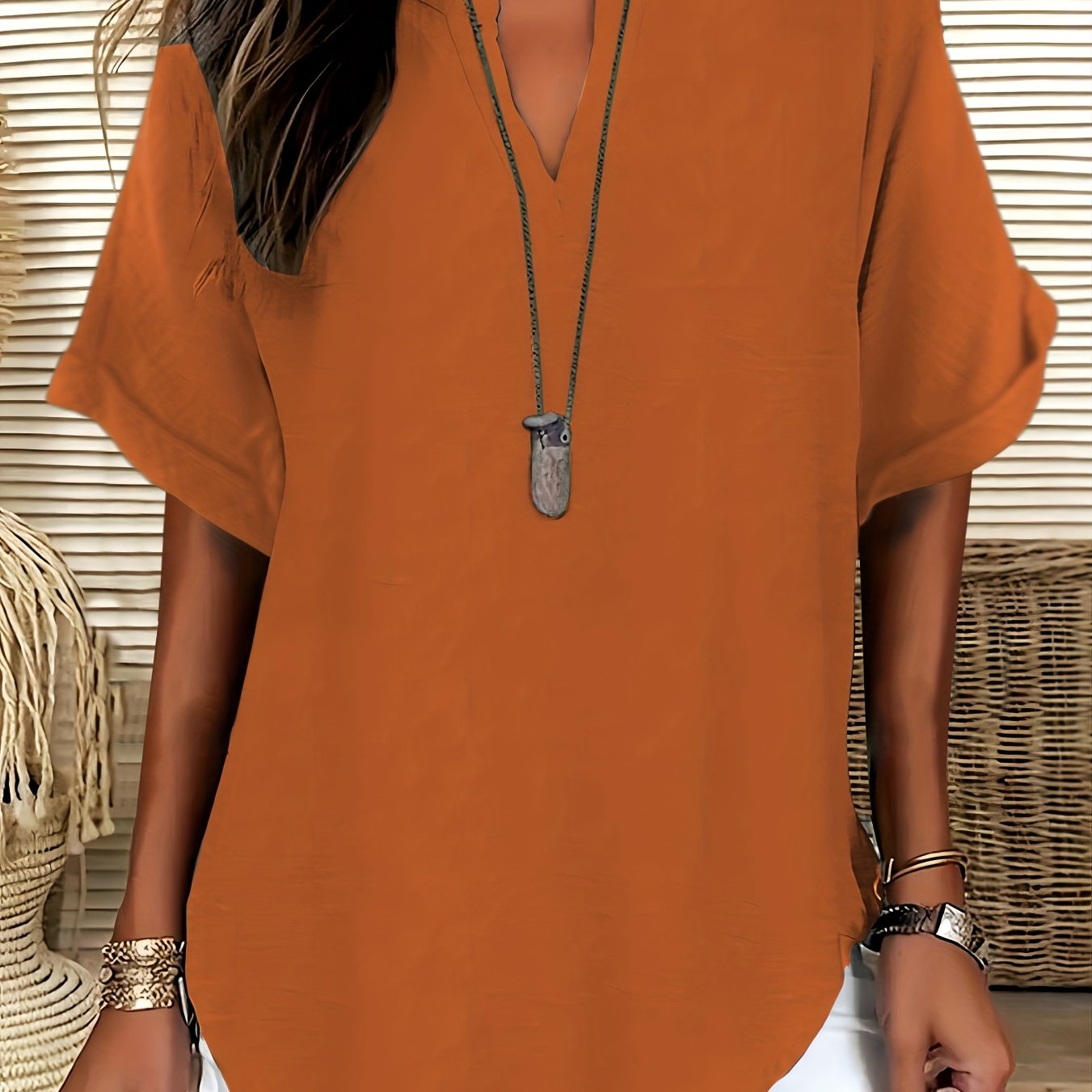 LUMMÉRAS Women's V-Neck Short Sleeve Shirt with Drop Shoulder.