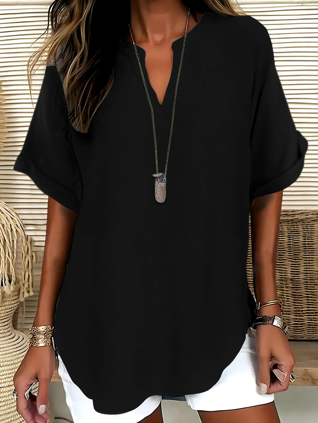 LUMMÉRAS Women's V-Neck Short Sleeve Shirt with Drop Shoulder.
