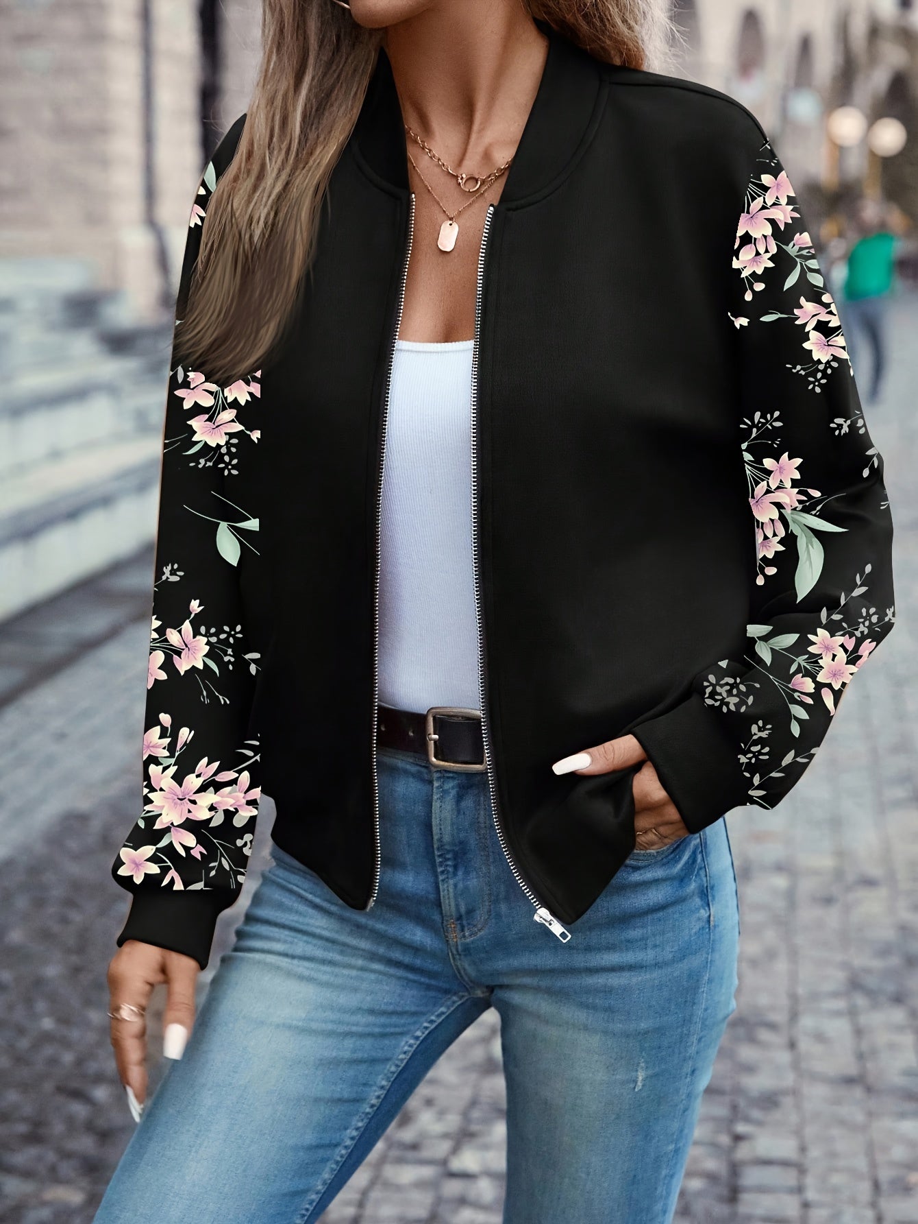 LUMMÉRAS Floral Zip-Up Jacket  – Elegant Long Sleeve Baseball Collar.