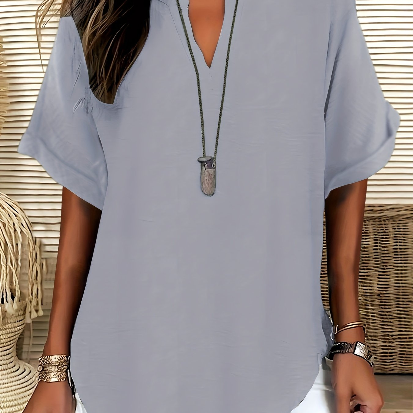 LUMMÉRAS Women's V-Neck Short Sleeve Shirt with Drop Shoulder.