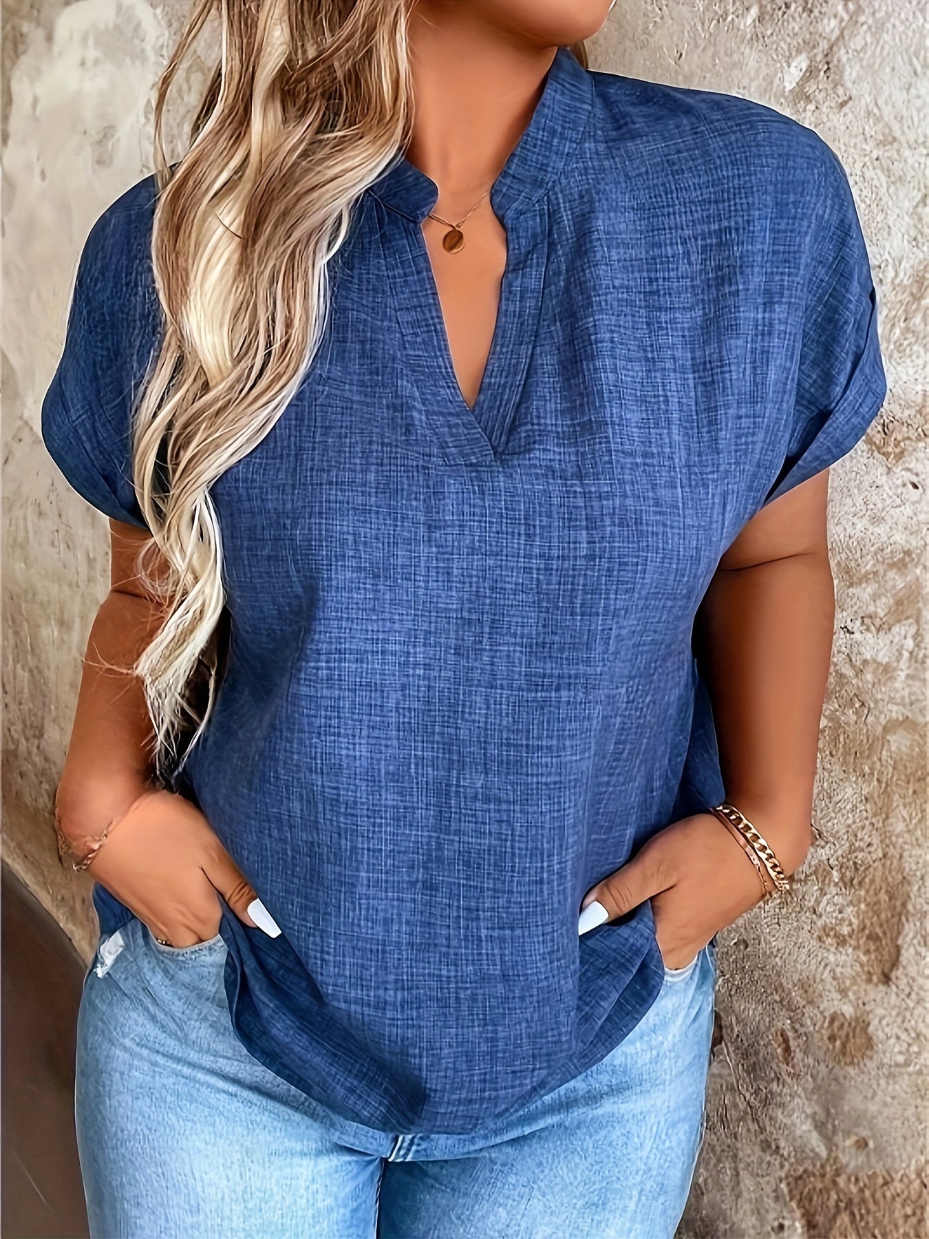 LUMMÉRAS Women's Casual V-Neck Blouse with Small Stand-Up Collar.