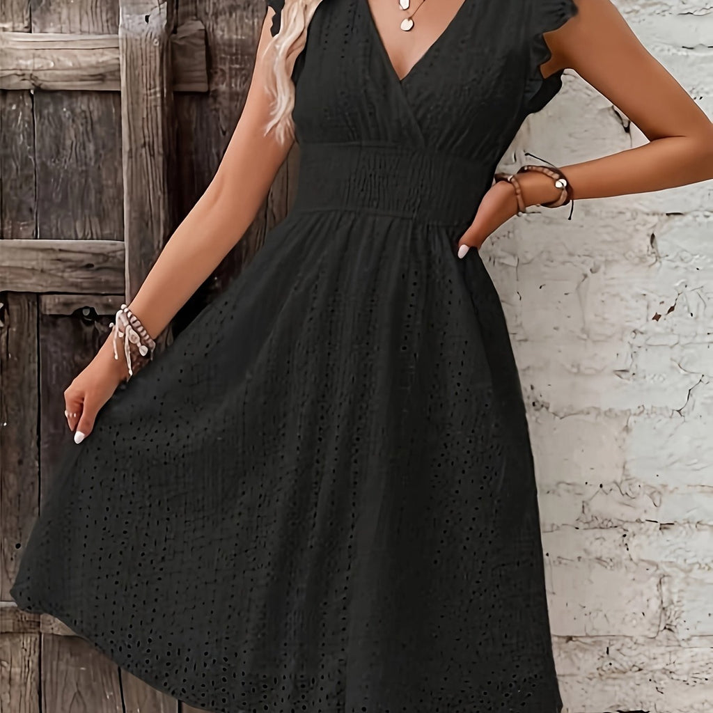 LUMMÉRAS V-Neck Smocked A-Line Dress - Elegant Office Wear