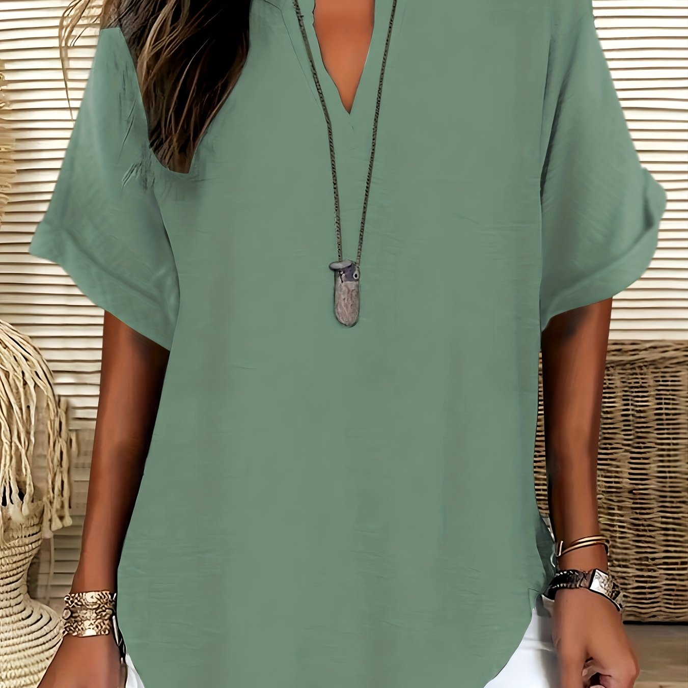 LUMMÉRAS Women's V-Neck Short Sleeve Shirt with Drop Shoulder.