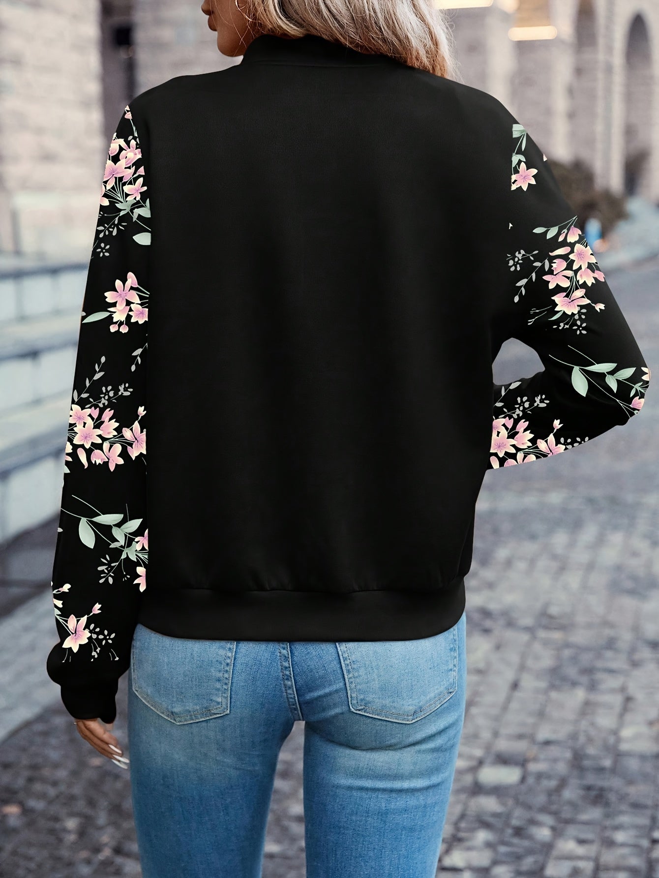 LUMMÉRAS Floral Zip-Up Jacket  – Elegant Long Sleeve Baseball Collar.