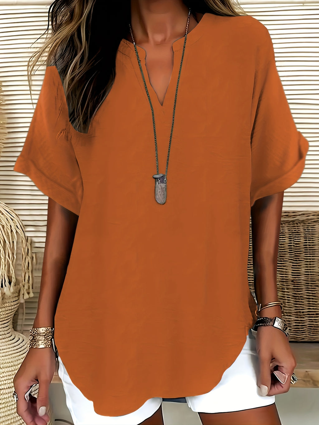 LUMMÉRAS Women's V-Neck Short Sleeve Shirt with Drop Shoulder.