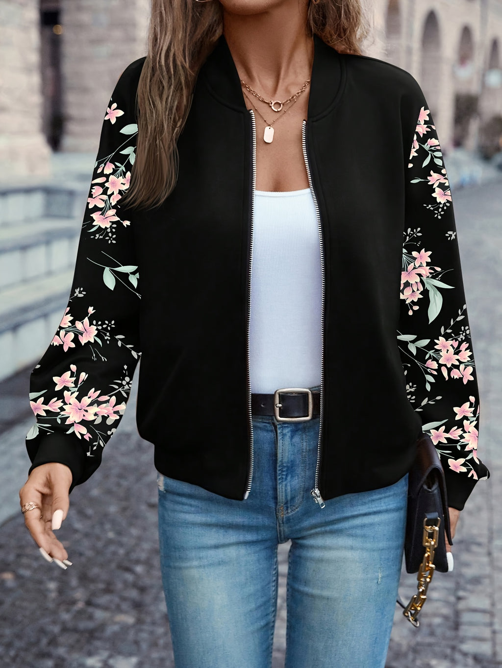 LUMMÉRAS Floral Zip-Up Jacket  – Elegant Long Sleeve Baseball Collar.