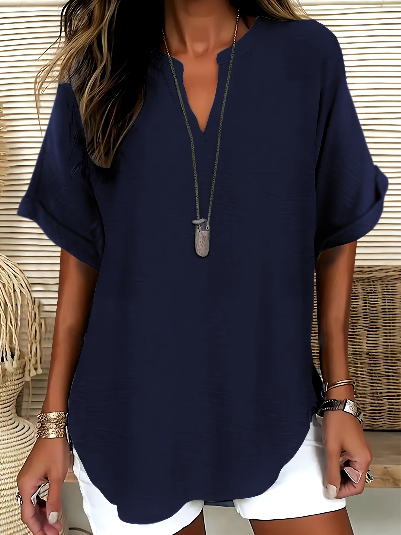 LUMMÉRAS Women's V-Neck Short Sleeve Shirt with Drop Shoulder.