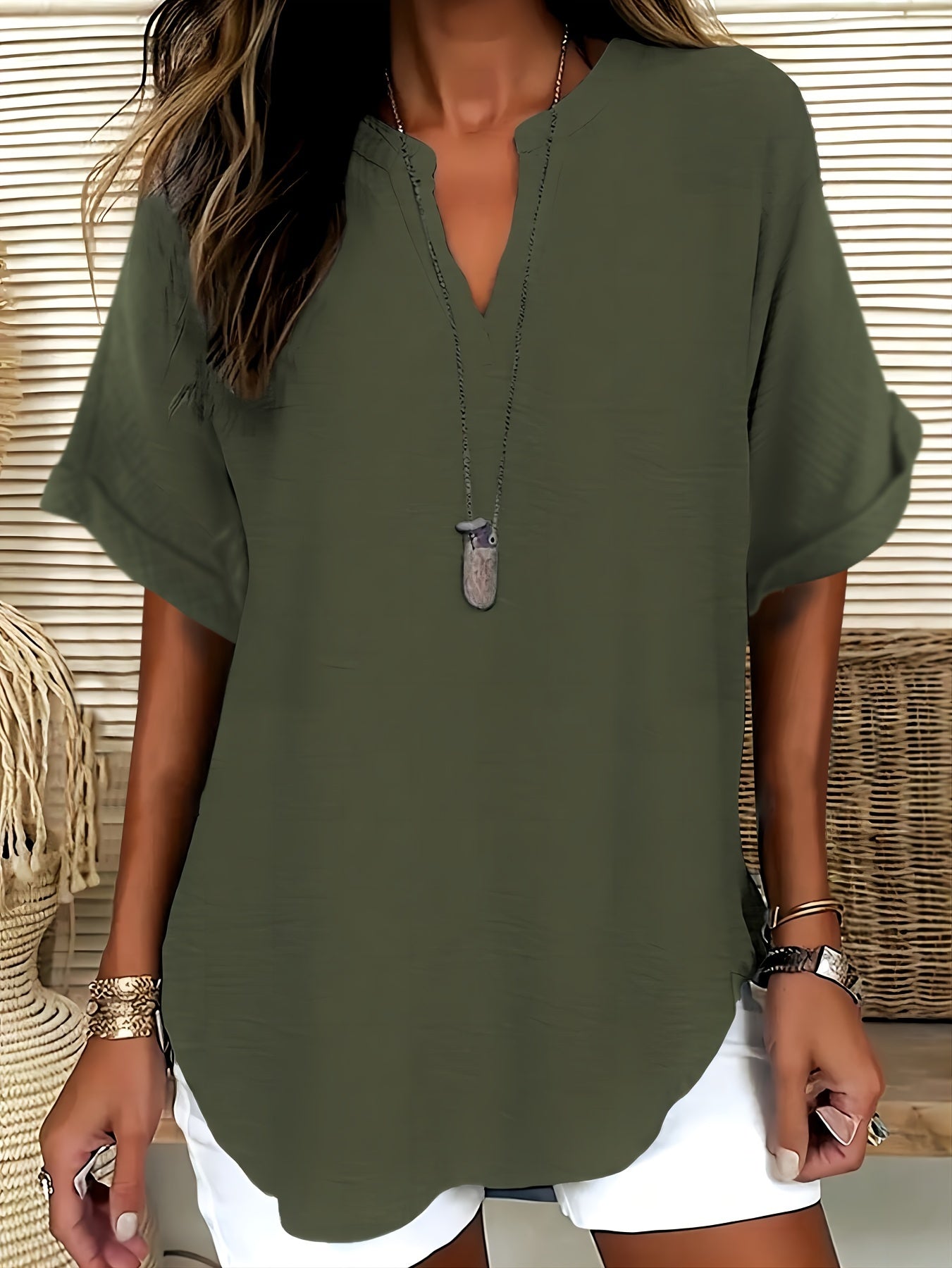 LUMMÉRAS Women's V-Neck Short Sleeve Shirt with Drop Shoulder.