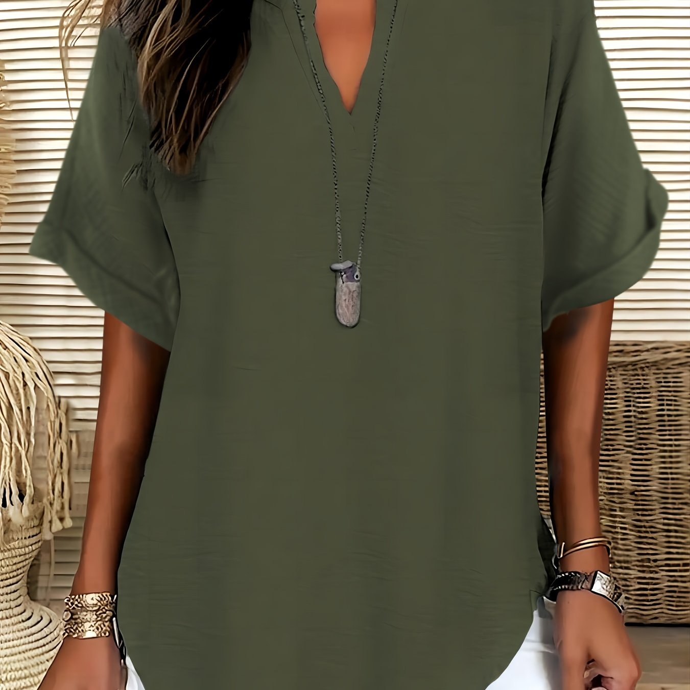LUMMÉRAS Women's V-Neck Short Sleeve Shirt with Drop Shoulder.