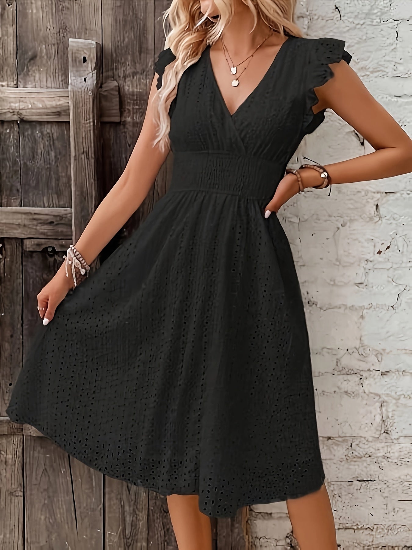 LUMMÉRAS V-Neck Smocked A-Line Dress - Elegant Office Wear