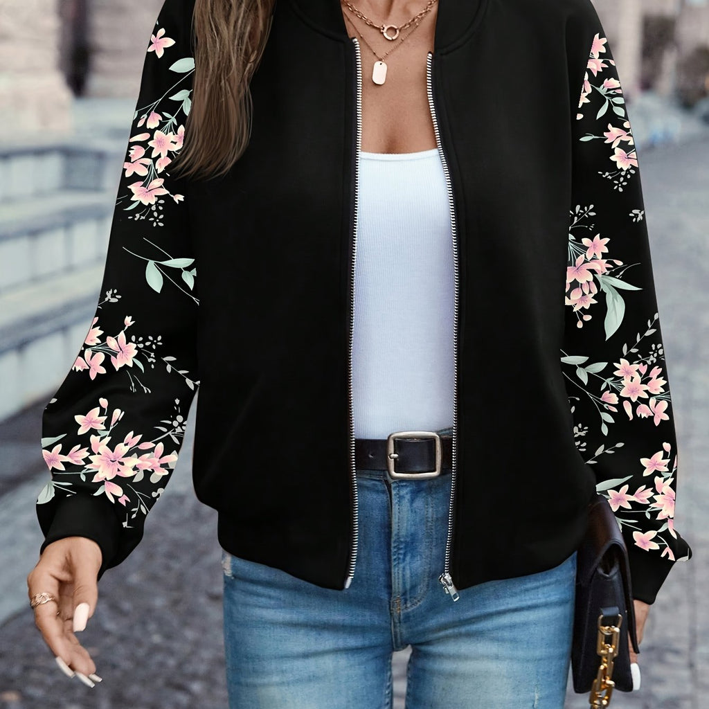 LUMMÉRAS Floral Zip-Up Jacket  – Elegant Long Sleeve Baseball Collar.