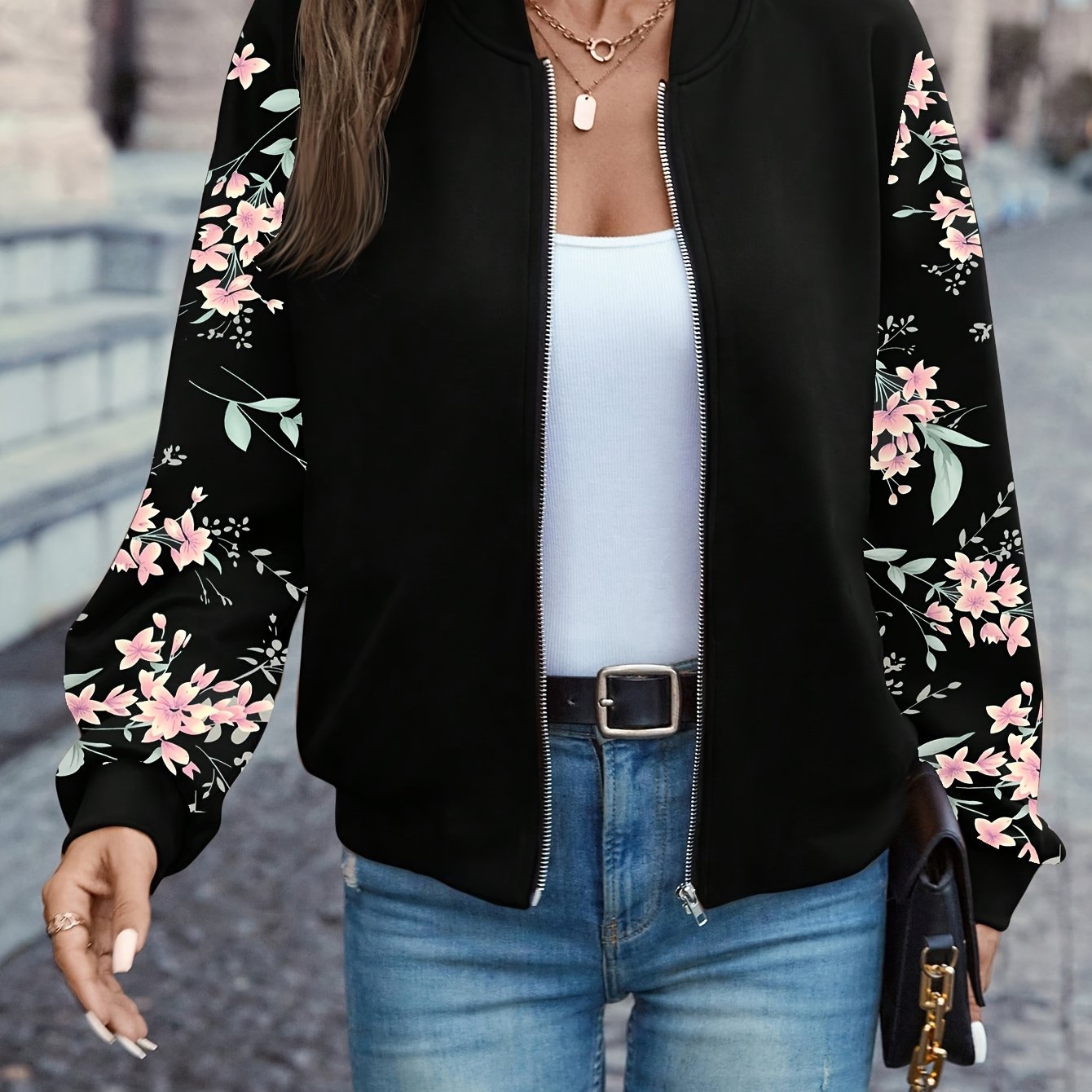 LUMMÉRAS Floral Zip-Up Jacket  – Elegant Long Sleeve Baseball Collar.